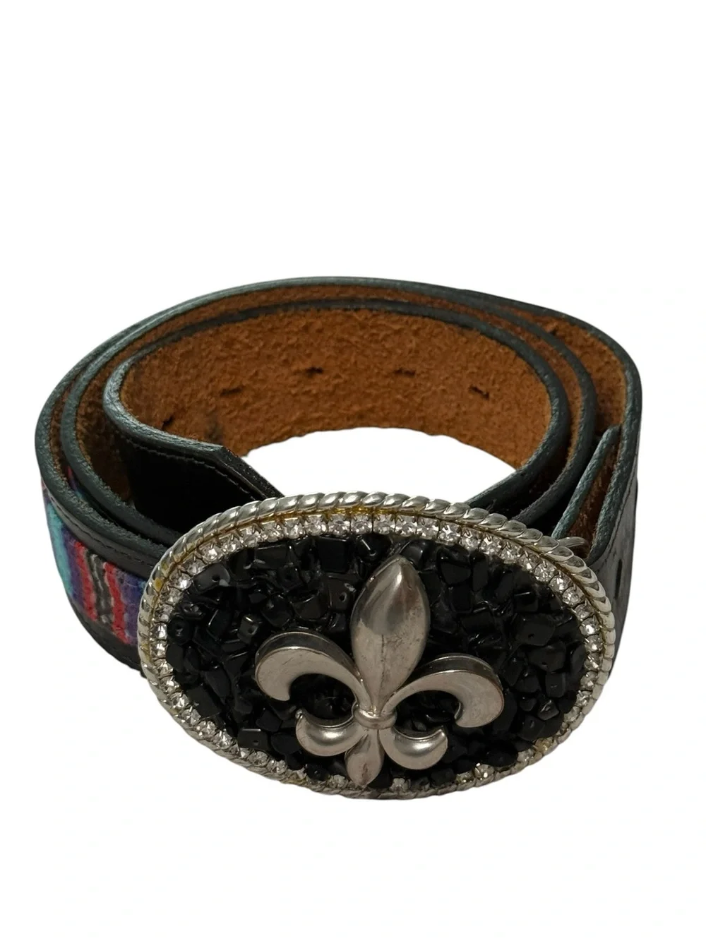 Western Top Grain Bridle Leather Belt Fleur De Lis Rhinestone Buckle Black 34